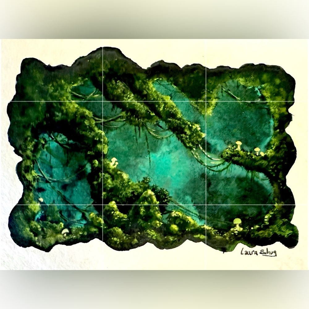 Original Art Gouache Ink Environment Moss Mushrooms Deep Forest Dark